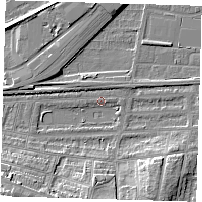 Shaded relief map of the ground around SE181EQ, computed from Environment Agency LiDAR. The ground here sits at about 2 m above sea level and falls 20 m across the surrounding 800 m. Surface water reaching this point runs off ground lying to the south-west, 14.3 m higher.