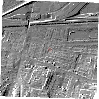 Shaded relief map of the ground around SE181ES, computed from Environment Agency LiDAR. The ground here sits at about 4 m above sea level and falls 38 m across the surrounding 800 m. Surface water reaching this point runs off ground lying to the south-south-east, 8.9 m higher.