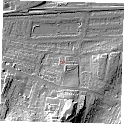 Shaded relief map of the ground around SE181HJ, computed from Environment Agency LiDAR. The ground here sits at about 7 m above sea level and falls 48 m across the surrounding 800 m. Surface water reaching this point runs off ground lying to the south, 5.9 m higher.