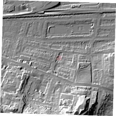 Shaded relief map of the ground around SE181HS, computed from Environment Agency LiDAR. The ground here sits at about 4 m above sea level and falls 47 m across the surrounding 800 m. Surface water reaching this point runs off ground lying to the south, 41.3 m higher.