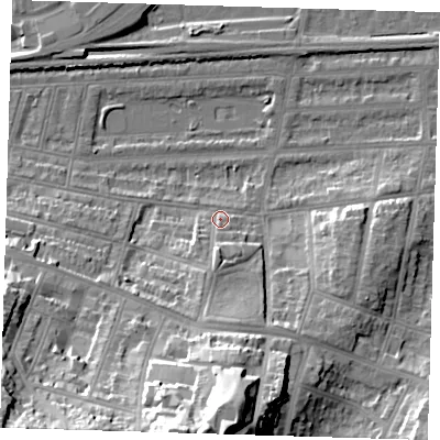 Shaded relief map of the ground around SE181HT, computed from Environment Agency LiDAR. The ground here sits at about 6 m above sea level and falls 44 m across the surrounding 800 m. Surface water reaching this point runs off ground lying to the south, 10.0 m higher.
