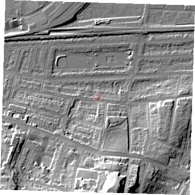 Shaded relief map of the ground around SE181HU, computed from Environment Agency LiDAR. The ground here sits at about 4 m above sea level and falls 40 m across the surrounding 800 m. Surface water reaching this point runs off ground lying to the south, 36.8 m higher.