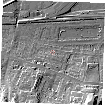 Shaded relief map of the ground around SE181HY, computed from Environment Agency LiDAR. The ground here sits at about 5 m above sea level and falls 40 m across the surrounding 800 m. Surface water reaching this point runs off ground lying to the south, 3.9 m higher.