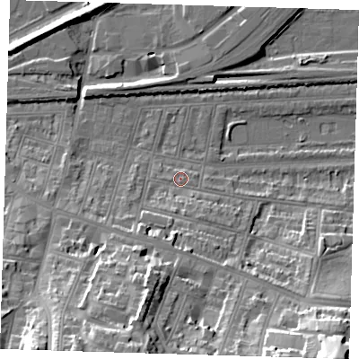 Shaded relief map of the ground around SE181HZ, computed from Environment Agency LiDAR. The ground here sits at about 4 m above sea level and falls 36 m across the surrounding 800 m. Surface water reaching this point runs off ground lying to the south, 4.0 m higher.