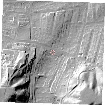 Shaded relief map of the ground around SE181JU, computed from Environment Agency LiDAR. The ground here sits at about 12 m above sea level and falls 60 m across the surrounding 800 m. Surface water reaching this point runs off ground lying to the south-east, 49.3 m higher.