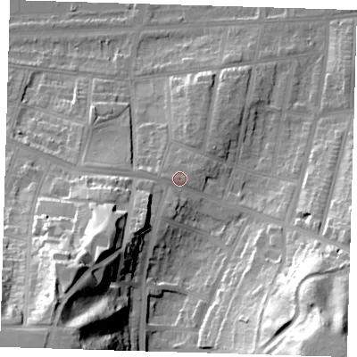 Shaded relief map of the ground around SE181JX, computed from Environment Agency LiDAR. The ground here sits at about 14 m above sea level and falls 59 m across the surrounding 800 m. Surface water reaching this point runs off ground lying to the south-west, 37.7 m higher.