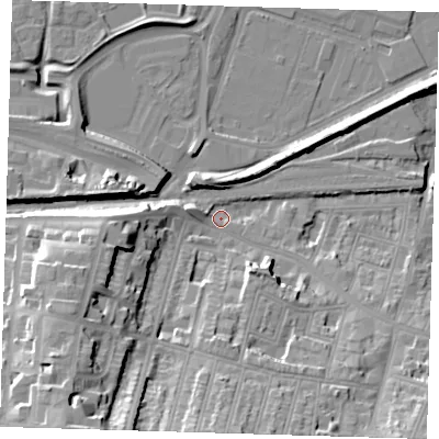 Shaded relief map of the ground around SE181SA, computed from Environment Agency LiDAR. The ground here sits at about 3 m above sea level and falls 30 m across the surrounding 800 m. Surface water reaching this point runs off ground lying to the south-west, 28.5 m higher.