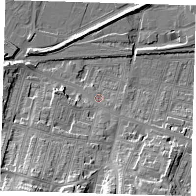 Shaded relief map of the ground around SE181SB, computed from Environment Agency LiDAR. The ground here sits at about 7 m above sea level and falls 38 m across the surrounding 800 m. Surface water reaching this point runs off ground lying to the south-west, 30.2 m higher.
