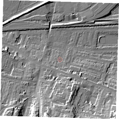 Shaded relief map of the ground around SE181SG, computed from Environment Agency LiDAR. The ground here sits at about 6 m above sea level and falls 39 m across the surrounding 800 m. Surface water reaching this point runs off ground lying to the south, 5.3 m higher.