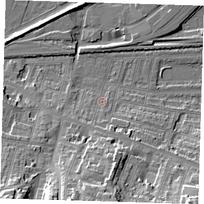 Shaded relief map of the ground around SE181SH, computed from Environment Agency LiDAR. The ground here sits at about 5 m above sea level and falls 35 m across the surrounding 800 m. Surface water reaching this point runs off ground lying to the south, 7.2 m higher.