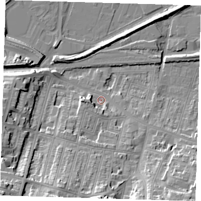 Shaded relief map of the ground around SE181SL, computed from Environment Agency LiDAR. The ground here sits at about 5 m above sea level and falls 41 m across the surrounding 800 m. Surface water reaching this point runs off ground lying to the south-south-west, 28.8 m higher.