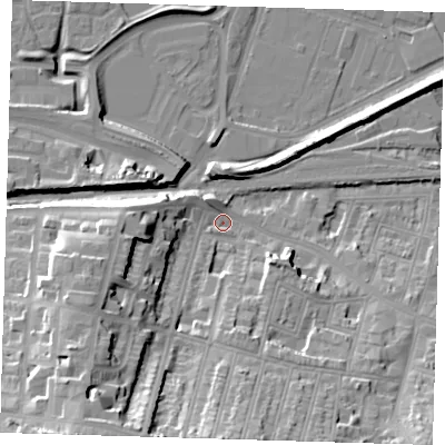 Shaded relief map of the ground around SE181SN, computed from Environment Agency LiDAR. The ground here sits at about 5 m above sea level and falls 31 m across the surrounding 800 m. Surface water reaching this point runs off ground lying to the south-south-west, 25.9 m higher.