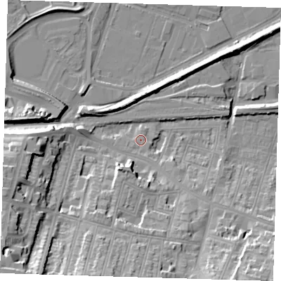 Shaded relief map of the ground around SE181SP, computed from Environment Agency LiDAR. The ground here sits at about 4 m above sea level and falls 30 m across the surrounding 800 m. Surface water reaching this point runs off ground lying to the south-south-east, 2.3 m higher.