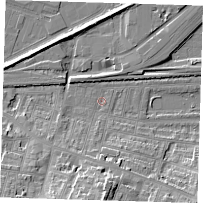 Shaded relief map of the ground around SE181SQ, computed from Environment Agency LiDAR. The ground here sits at about 2 m above sea level and falls 24 m across the surrounding 800 m. Surface water reaching this point runs off ground lying to the south, 9.7 m higher.