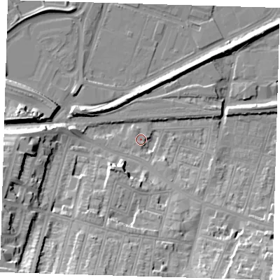 Shaded relief map of the ground around SE181SS, computed from Environment Agency LiDAR. The ground here sits at about 3 m above sea level and falls 30 m across the surrounding 800 m. Surface water reaching this point runs off ground lying to the south-south-east, 3.5 m higher.