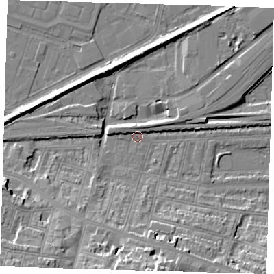 Shaded relief map of the ground around SE181SW, computed from Environment Agency LiDAR. The ground here sits at about 2 m above sea level and falls 22 m across the surrounding 800 m. Surface water reaching this point runs off ground lying to the south, 21.3 m higher.