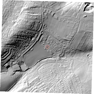 Shaded relief map of the ground around SE182DN, computed from Environment Agency LiDAR. The ground here sits at about 43 m above sea level and falls 34 m across the surrounding 800 m. Surface water reaching this point runs off ground lying to the north-west, 23.2 m higher.