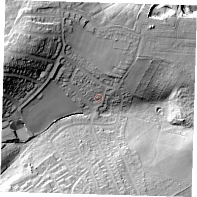 Shaded relief map of the ground around SE182DP, computed from Environment Agency LiDAR. The ground here sits at about 41 m above sea level and falls 37 m across the surrounding 800 m. Surface water reaching this point runs off ground lying to the west-north-west, 30.1 m higher.