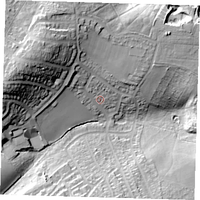 Shaded relief map of the ground around SE182DW, computed from Environment Agency LiDAR. The ground here sits at about 42 m above sea level and falls 34 m across the surrounding 800 m. Surface water reaching this point runs off ground lying to the north-west, 24.7 m higher.