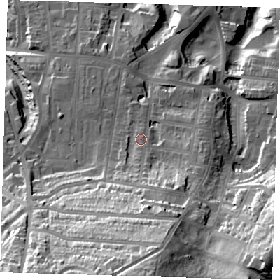 Shaded relief map of the ground around SE183EY, computed from Environment Agency LiDAR. The ground here sits at about 59 m above sea level and falls 70 m across the surrounding 800 m. Surface water reaching this point runs off ground lying to the south, 28.4 m higher.