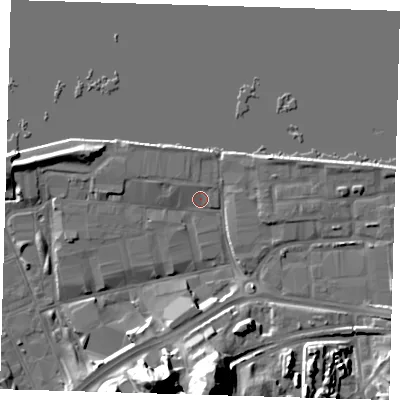 Shaded relief map of the ground around SE185AQ, computed from Environment Agency LiDAR. The ground here sits at about 4 m above sea level and falls 27 m across the surrounding 800 m. Surface water reaching this point runs off ground lying to the north-north-west, 1.7 m higher.