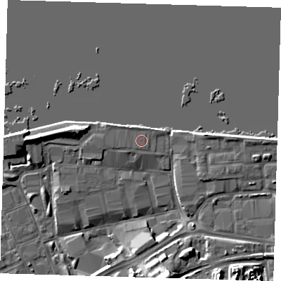 Shaded relief map of the ground around SE185AS, computed from Environment Agency LiDAR. The ground here sits at about 5 m above sea level and falls 18 m across the surrounding 800 m. Surface water reaching this point runs off ground lying to the north-north-east, 0.5 m higher.