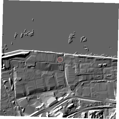 Shaded relief map of the ground around SE185AT, computed from Environment Agency LiDAR. The ground here sits at about 4 m above sea level and falls 20 m across the surrounding 800 m. Surface water reaching this point runs off ground lying to the north-north-west, 0.8 m higher.