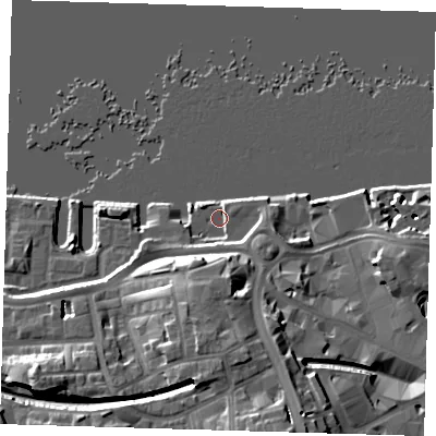 Shaded relief map of the ground around SE185BA, computed from Environment Agency LiDAR. The ground here sits at about 5 m above sea level and falls 22 m across the surrounding 800 m. Surface water reaching this point runs off ground lying to the south-south-east, 4.8 m higher.