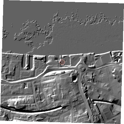 Shaded relief map of the ground around SE185BG, computed from Environment Agency LiDAR. The ground here sits at about 5 m above sea level and falls 23 m across the surrounding 800 m. Surface water reaching this point runs off ground lying to the south-east, 4.2 m higher.
