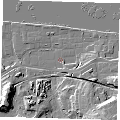 Shaded relief map of the ground around SE185BX, computed from Environment Agency LiDAR. The ground here sits at about 5 m above sea level and falls 33 m across the surrounding 800 m. Surface water reaching this point runs off ground lying to the south-east, 8.1 m higher.