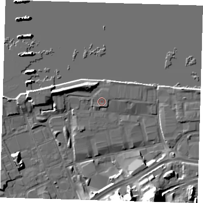 Shaded relief map of the ground around SE185NJ, computed from Environment Agency LiDAR. The ground here sits at about 4 m above sea level and falls 26 m across the surrounding 800 m. Surface water reaching this point runs off ground lying to the south-south-west, 1.8 m higher.