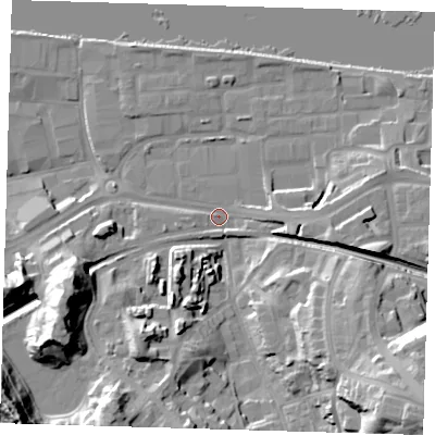 Shaded relief map of the ground around SE185NN, computed from Environment Agency LiDAR. The ground here sits at about 5 m above sea level and falls 35 m across the surrounding 800 m. Surface water reaching this point runs off ground lying to the east-south-east, 7.4 m higher.