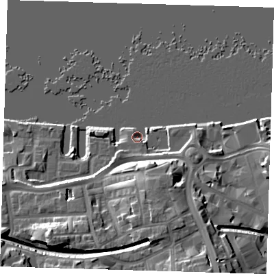 Shaded relief map of the ground around SE185NP, computed from Environment Agency LiDAR. The ground here sits at about 4 m above sea level and falls 22 m across the surrounding 800 m. Surface water reaching this point runs off ground lying to the south-south-east, 18.1 m higher.