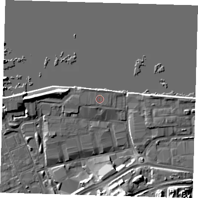 Shaded relief map of the ground around SE185NR, computed from Environment Agency LiDAR. The ground here sits at about 5 m above sea level and falls 18 m across the surrounding 800 m. Surface water reaching this point runs off ground lying to the north-east, 0.5 m higher.