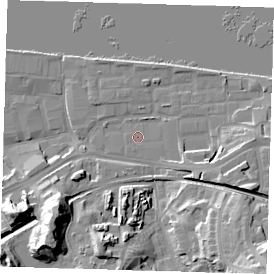 Shaded relief map of the ground around SE185NS, computed from Environment Agency LiDAR. The ground here sits at about 5 m above sea level and falls 32 m across the surrounding 800 m. Surface water reaching this point runs off ground lying to the east-south-east, 8.7 m higher.
