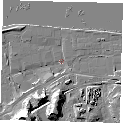 Shaded relief map of the ground around SE185NU, computed from Environment Agency LiDAR. The ground here sits at about 2 m above sea level and falls 37 m across the surrounding 800 m. Surface water reaching this point runs off ground lying to the south, 26.0 m higher.