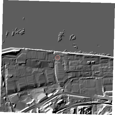 Shaded relief map of the ground around SE185NX, computed from Environment Agency LiDAR. The ground here sits at about 5 m above sea level and falls 20 m across the surrounding 800 m. Surface water reaching this point runs off ground lying to the south-east, 1.9 m higher.