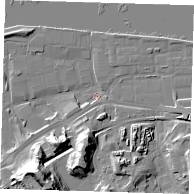 Shaded relief map of the ground around SE185PG, computed from Environment Agency LiDAR. The ground here sits at about 3 m above sea level and falls 37 m across the surrounding 800 m. Surface water reaching this point runs off ground lying to the south-south-west, 24.0 m higher.