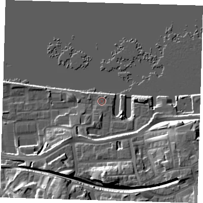 Shaded relief map of the ground around SE185QH, computed from Environment Agency LiDAR. The ground here sits at about 5 m above sea level and falls 20 m across the surrounding 800 m. Surface water reaching this point runs off ground lying to the south-south-west, 3.3 m higher.