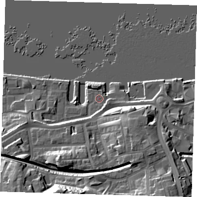 Shaded relief map of the ground around SE185QS, computed from Environment Agency LiDAR. The ground here sits at about 6 m above sea level and falls 31 m across the surrounding 800 m. Surface water reaching this point runs off ground lying to the south-south-west, 15.1 m higher.