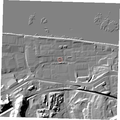 Shaded relief map of the ground around SE185QX, computed from Environment Agency LiDAR. The ground here sits at about 5 m above sea level and falls 30 m across the surrounding 800 m. Surface water reaching this point runs off ground lying to the south-east, 8.8 m higher.