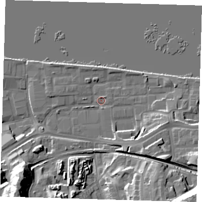 Shaded relief map of the ground around SE185QY, computed from Environment Agency LiDAR. The ground here sits at about 5 m above sea level and falls 31 m across the surrounding 800 m. Surface water reaching this point runs off ground lying to the south-east, 8.8 m higher.