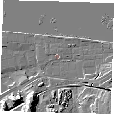 Shaded relief map of the ground around SE185QZ, computed from Environment Agency LiDAR. The ground here sits at about 5 m above sea level and falls 27 m across the surrounding 800 m. Surface water reaching this point runs off ground lying to the east-south-east, 8.8 m higher.
