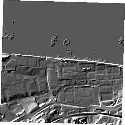 Shaded relief map of the ground around SE185SP, computed from Environment Agency LiDAR. The ground here sits at about 5 m above sea level and falls 18 m across the surrounding 800 m. Surface water reaching this point runs off ground lying to the east, 4.2 m higher.