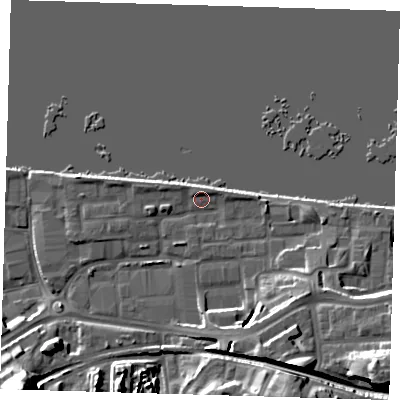 Shaded relief map of the ground around SE185ST, computed from Environment Agency LiDAR. The ground here sits at about 5 m above sea level and falls 23 m across the surrounding 800 m. Surface water reaching this point runs off ground lying to the south-east, 7.9 m higher.