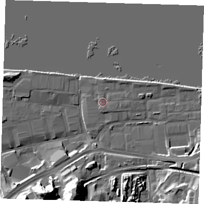 Shaded relief map of the ground around SE185SU, computed from Environment Agency LiDAR. The ground here sits at about 6 m above sea level and falls 27 m across the surrounding 800 m. Surface water reaching this point runs off ground lying to the south, 1.2 m higher.