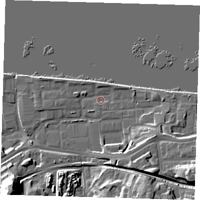 Shaded relief map of the ground around SE185SZ, computed from Environment Agency LiDAR. The ground here sits at about 5 m above sea level and falls 26 m across the surrounding 800 m. Surface water reaching this point runs off ground lying to the south-east, 7.9 m higher.