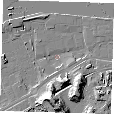 Shaded relief map of the ground around SE185TA, computed from Environment Agency LiDAR. The ground here sits at about 2 m above sea level and falls 37 m across the surrounding 800 m. Surface water reaching this point runs off ground lying to the south-east, 26.0 m higher.
