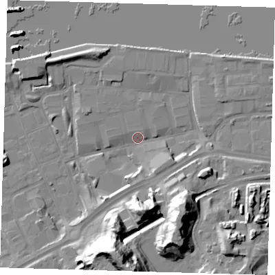 Shaded relief map of the ground around SE185TD, computed from Environment Agency LiDAR. The ground here sits at about 3 m above sea level and falls 37 m across the surrounding 800 m. Surface water reaching this point runs off ground lying to the south-south-east, 26.0 m higher.