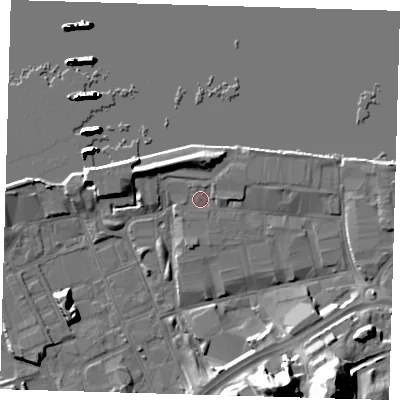 Shaded relief map of the ground around SE185TF, computed from Environment Agency LiDAR. The ground here sits at about 4 m above sea level and falls 27 m across the surrounding 800 m. Surface water reaching this point runs off ground lying to the north-west, 1.2 m higher.